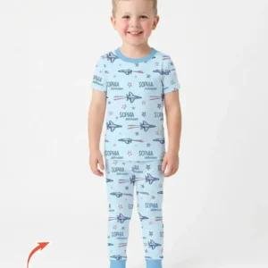 Patriotic American Flag Jet Fighter Bamboo Two Piece Short Sleeve Pajama Set