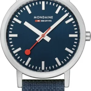 Unisex-Uhr mit blauem Zifferblatt, runden silbernen Gehäuse und dunkelblauem Textilband.