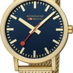 Unisex-Uhr: blaues Zifferblatt, goldene Zeiger und Mesh-Armband im Rundgehäuse