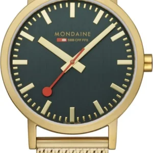 Herrenuhr mit goldfarbenem Metallband und dunkelgrünem Zifferblatt, rote Sekunde