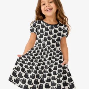 Moody Black Cats in Black and White Bamboo Twirl Dress