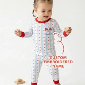 Custom Name Embroidered First 4th Of July Baby Bamboo Two Piece Long Sleeve Pajama Set