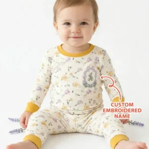 Custom Embroidered Name Floral Bamboo Two Piece Long Sleeve Pajama Set