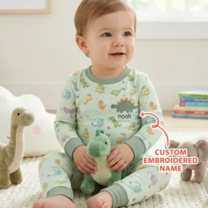 Custom Embroidered Name Summer Dinosaur Bamboo Two Piece Long Sleeve Pajama Set