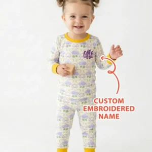 Custom Name Embroidered Hydrangea Welcome Home Bamboo Two Piece Long Sleeve Pajama Set