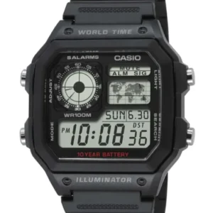 Schwarze digitale Herrenuhr mit LCD-Display, Knöpfen und Armband aus Kunststoff
