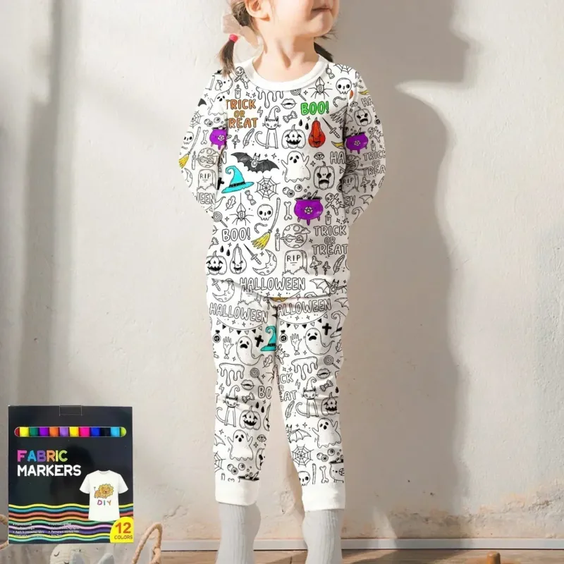 All Colorable For Halloween Two Piece Long Sleeve Pajama Set , All Colorable For Halloween Two Piece Long Sleeve Pajama Set - Monster Halloween / 3T