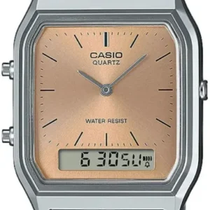 Casio Vintage-Armbanduhr: silbernes Metallband, beiges Zifferblatt mit Digitalanzeige, Quartz