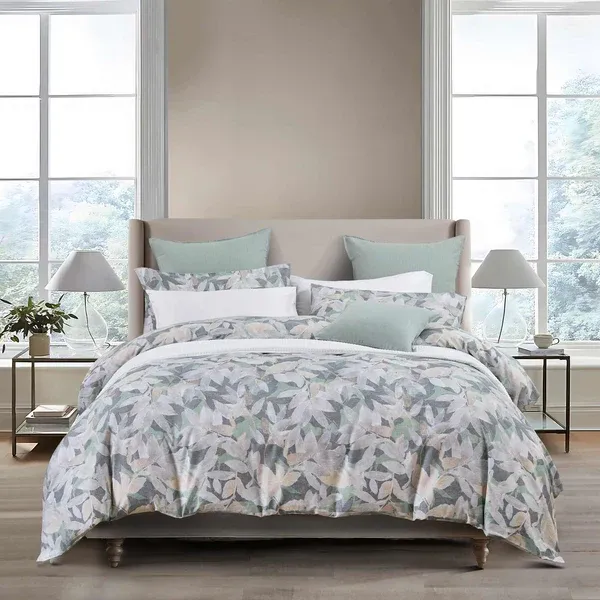Arden Duvet Cover Set – Layered Leaf Pattern in Soft Yellow, Grey & Blue-Green, 300 Thread Count