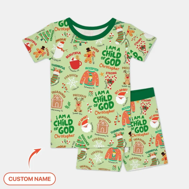 Merry Christmas I Am A Child Of God Custom Name Two Piece Short Sleeve Shorts Pajama Set (Green) , Merry Christmas I Am A Child Of God Custom Name Two Piece Short Sleeve Shorts Pajama Set (Green) - 12-18M