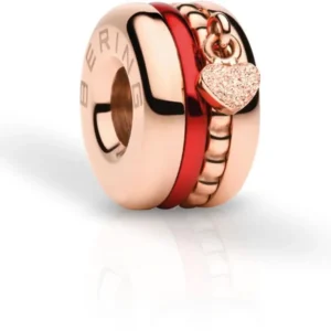 Edelstahl-Charme mit rosegoldenem Ring, rotem Einsatz und herzförmigem Steinanhänger