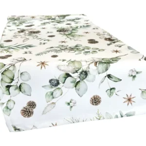 Weisser Tischlaeufer ca. 40x130 cm – Winterdeko mit Tannenzapfen – 100% Baumwolle – aus der beties Kollektion, Magie des Winters "Moggl"