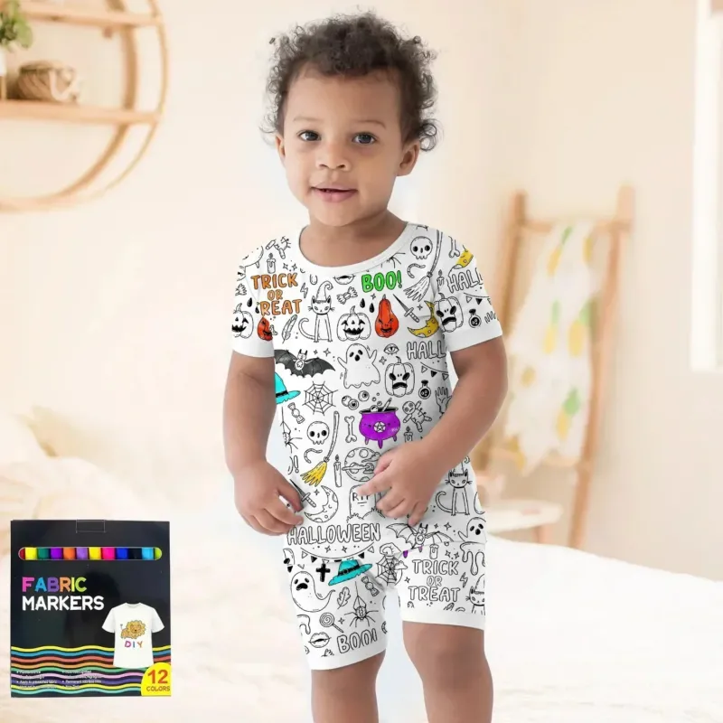Boo! Colorable Halloween Two Piece Short Sleeve Shorts Pajama Set , Boo! Colorable Halloween Two Piece Short Sleeve Shorts Pajama Set - 3T