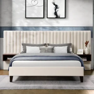 IF-5561 Platform Bed – Includes Mattress Support, Cream Velvet Queen/King