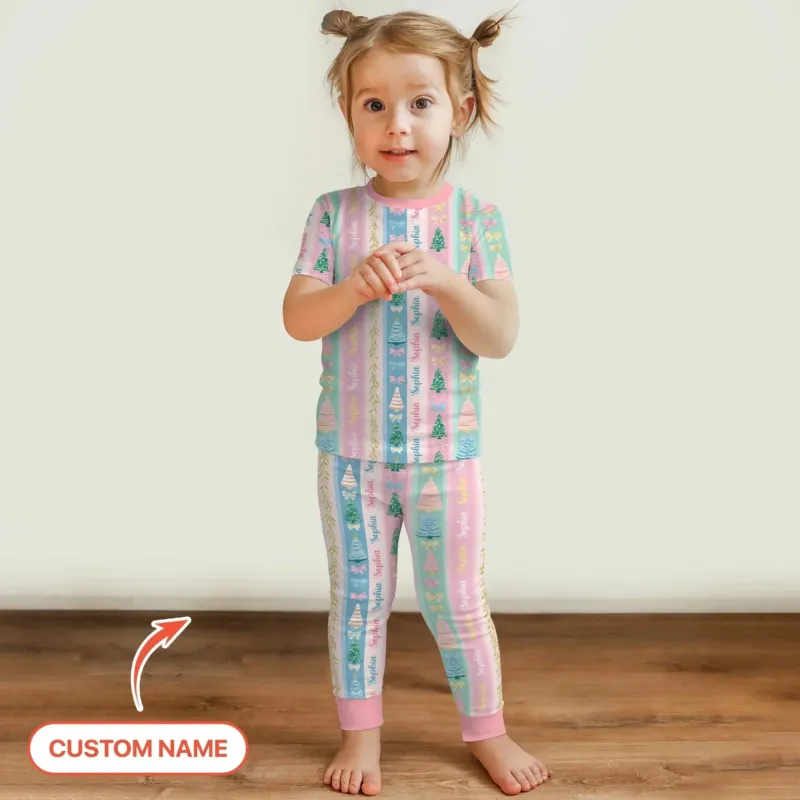 Candy Ribbon Christmas Custom Name Two Piece Short Sleeve Pajama Set , Candy Ribbon Christmas Custom Name Two Piece Short Sleeve Pajama Set - 12-18M