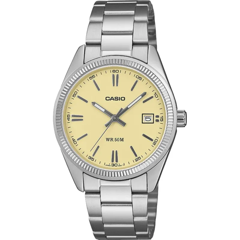 Herrenarmbanduhr Casio mit silbernem Metallband, gelbem Zifferblatt, Datumsanzeige