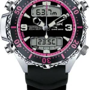 Digitale Taucheruhr mit schwarzem Armband, pinker Lünette und digitaler Anzeige