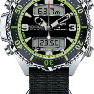 Digitale Taucheruhr mit schwarzem Textilband, grüner Lünette und Display