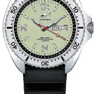 Chris Benz Herrenuhr mit schwarzem Lederarmband, silbernem Gehäuse und grünem Zifferblatt