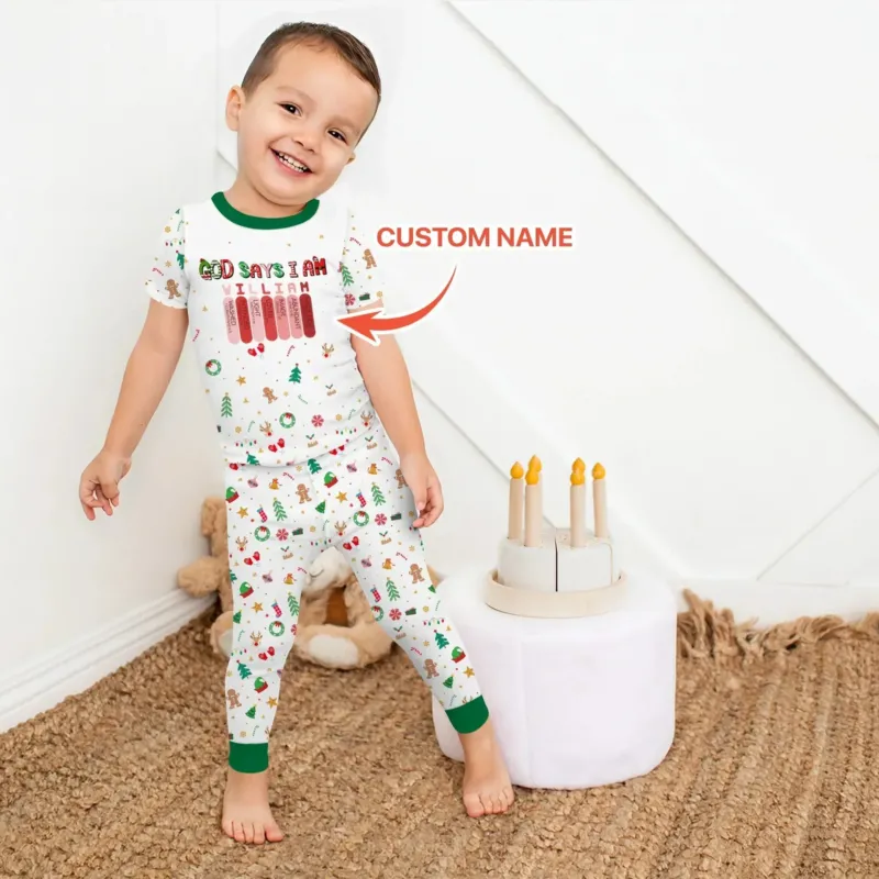 Christmas Blessings God Says I Am Custom Name Two Piece Short Sleeve Pajama Set , Christmas Blessings God Says I Am Custom Name Two Piece Short Sleeve Pajama Set - 12-18M