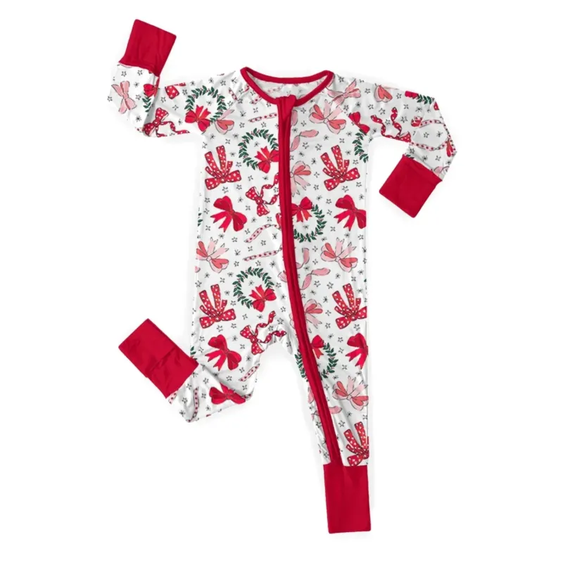 Christmas Bows Convertible Zippered Romper , Christmas Bows Convertible Zippered Romper - Newborn