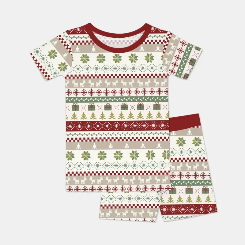 Christmas Fair Isle Red and Green Two Piece Short Sleeve Shorts Pajama Set , Christmas Fair Isle Red and Green Two Piece Short Sleeve Shorts Pajama Set - 12-18M