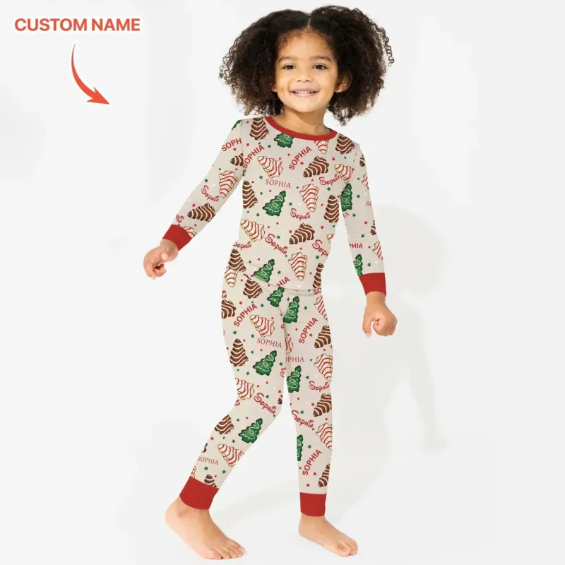 Christmas Tree Cake Custom Name Two Piece Long Sleeve Pajama Set , Christmas Tree Cake Custom Name Two Piece Long Sleeve Pajama Set - 12-18M