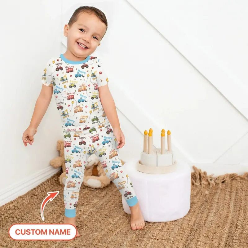 Construction Vehicles Custom Name Two Piece Short Sleeve Pajama Set , Construction Vehicles Custom Name Two Piece Short Sleeve Pajama Set - 12-18M