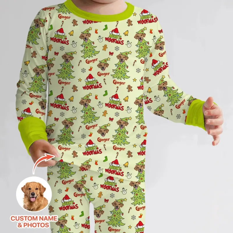 Custom Dog Photo Merry Woofmas Two Piece Long Sleeve Pajama Set , Custom Dog Photo Merry Woofmas Two Piece Long Sleeve Pajama Set - 12-18M