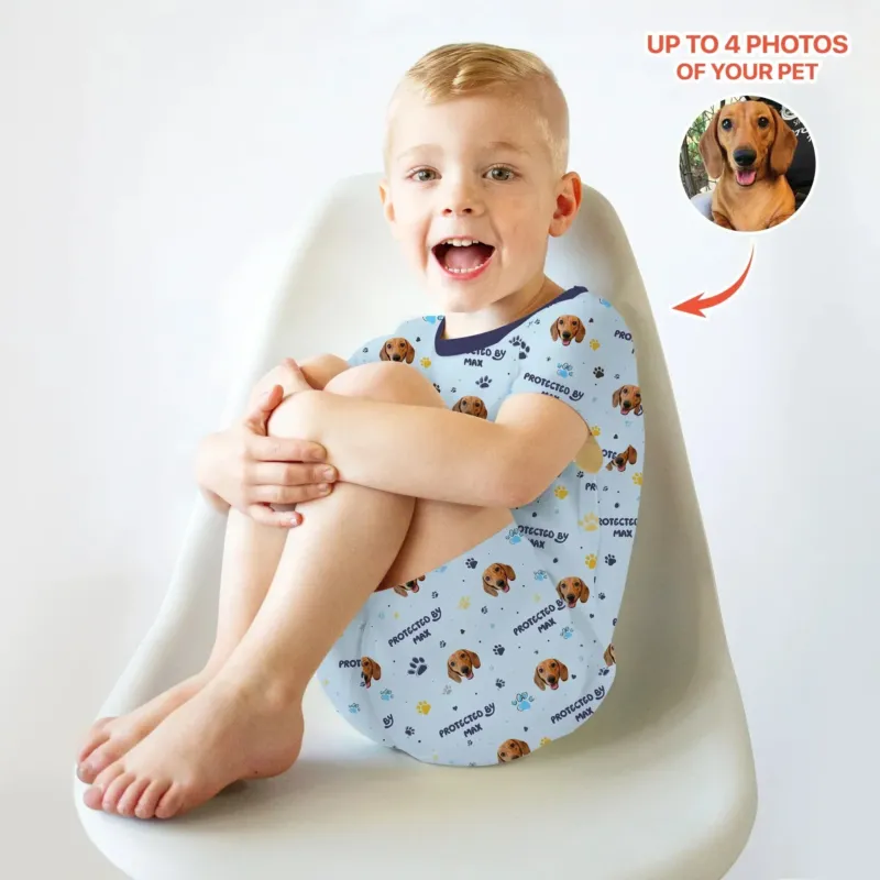 Custom Dog Photos "Protected By" Pawfect Blue Two Piece Short Sleeve Shorts Pajama Set , Custom Dog Photos "Protected By" Pawfect Blue Two Piece Short Sleeve Shorts Pajama Set - 12-18M