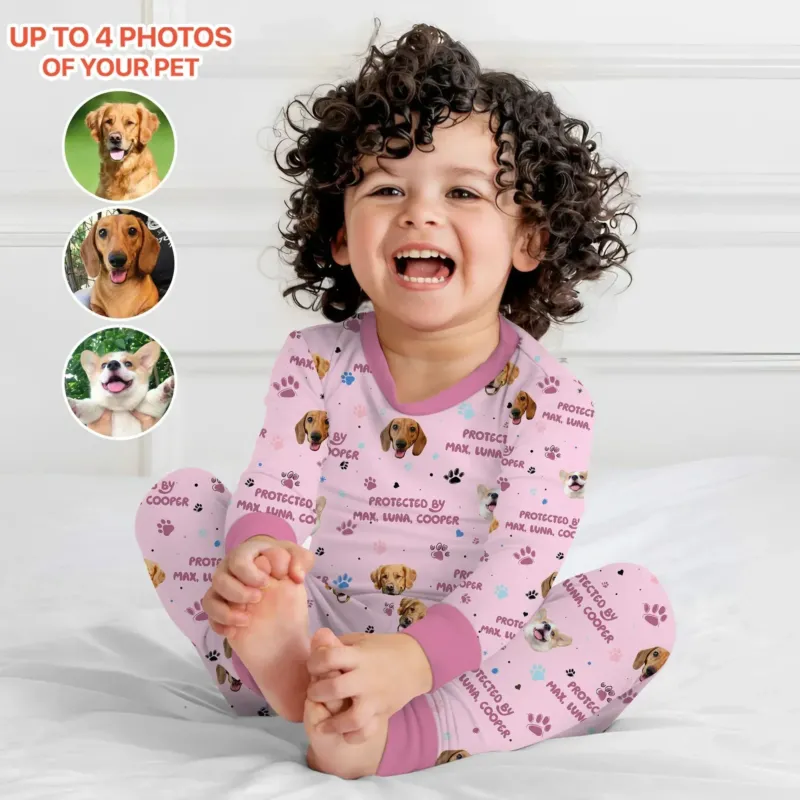 Custom Dog Photos "Protected By" Pawfect Pink Two Piece Long Sleeve Pajama Set , Custom Dog Photos "Protected By" Pawfect Pink Two Piece Long Sleeve Pajama Set - 12-18M