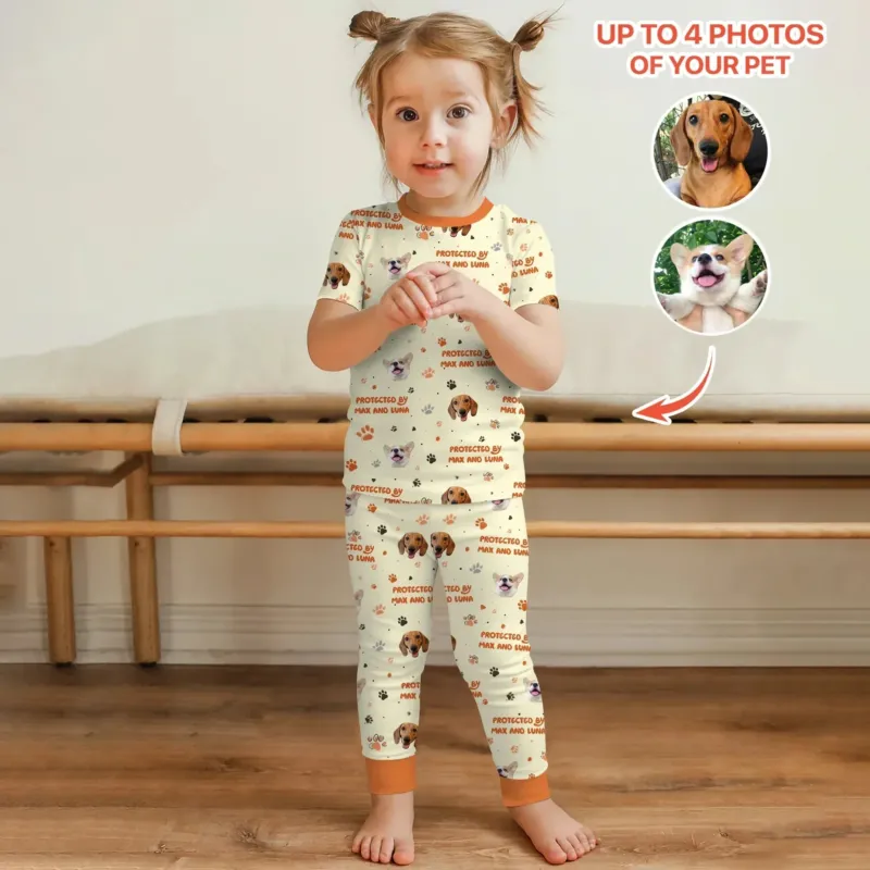 Custom Dog Photos "Protected By" Pawfect Yellow Two Piece Short Sleeve Pajama Set , Custom Dog Photos "Protected By" Pawfect Yellow Two Piece Short Sleeve Pajama Set - 12-18M