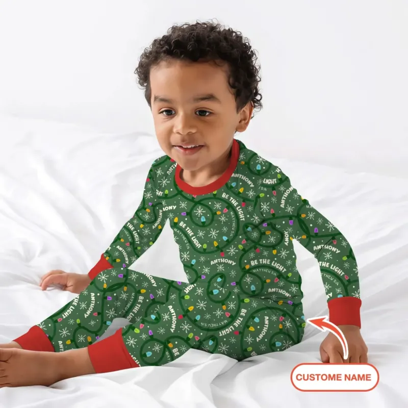 Custom Name Be The Light Christmas Two Piece Long Sleeve Pajama Set , Custom Name Be The Light Christmas Two Piece Long Sleeve Pajama Set - 12-18M