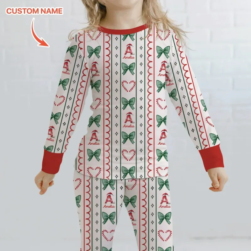 Custom Name Christmas Stripes Two Piece Long Sleeve Pajama Set , Custom Name Christmas Stripes Two Piece Long Sleeve Pajama Set - 12-18M