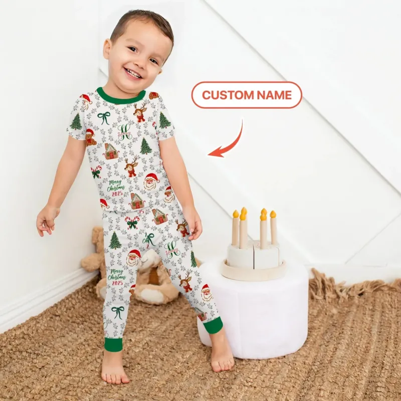 Custom name "Fancy Monogram Green Christmas 2025" Two Piece Short Sleeve Pajama Set , Custom name "Fancy Monogram Green Christmas 2025" Two Piece Short Sleeve Pajama Set - 12-18M