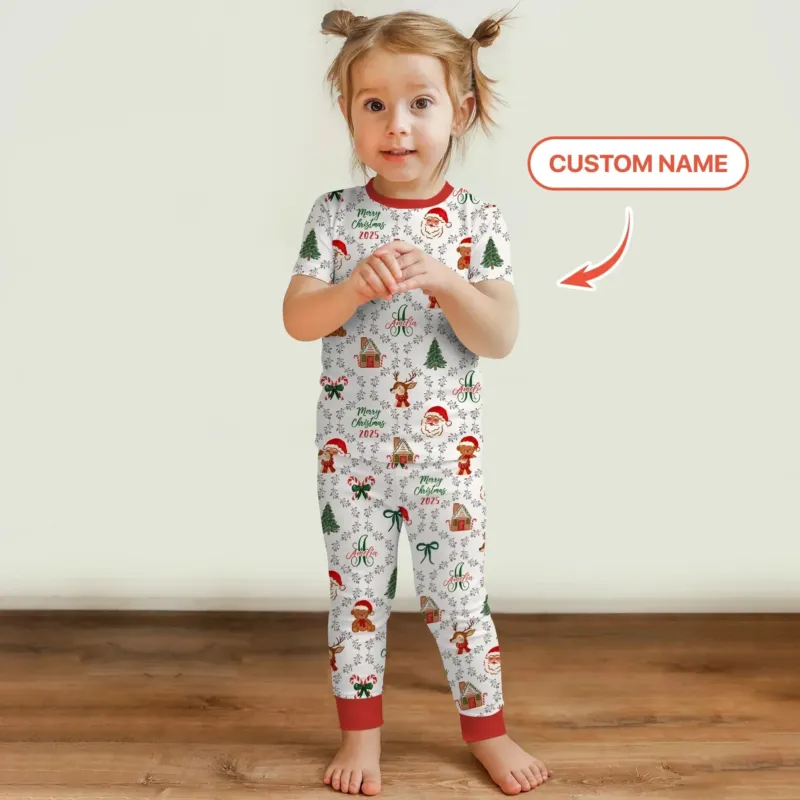 Custom name "Fancy Monogram Red Christmas 2025" Two Piece Short Sleeve Pajama Set , Custom name "Fancy Monogram Red Christmas 2025" Two Piece Short Sleeve Pajama Set - 12-18M