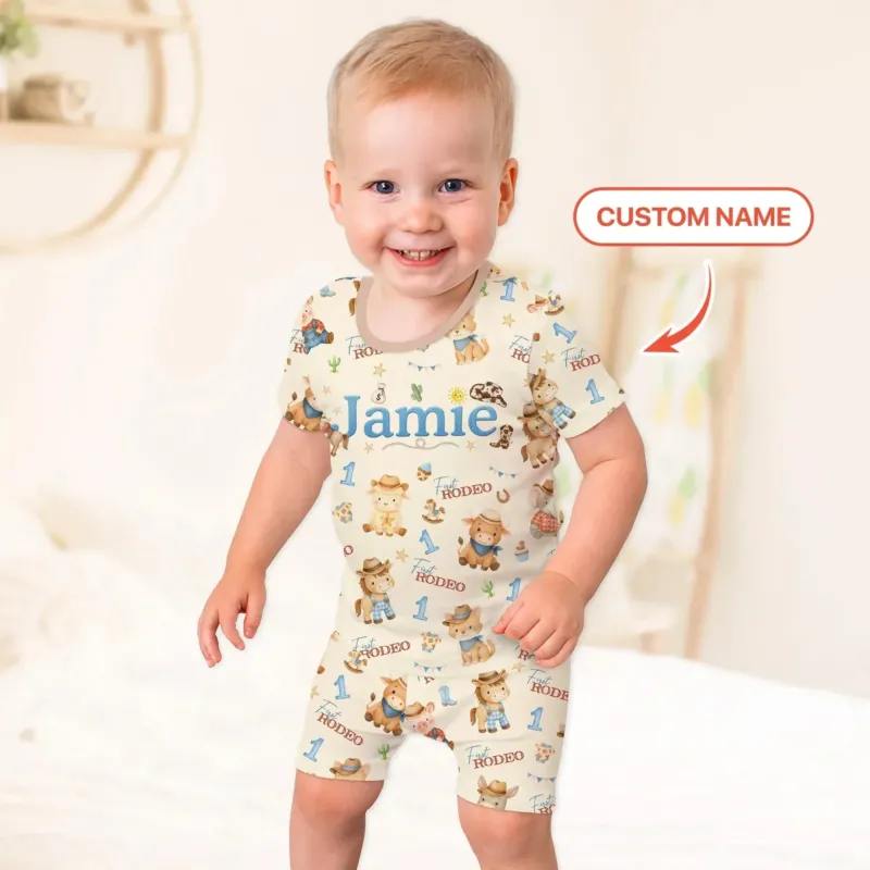 Custom Name My First Rodeo 1st birthday Two Piece Short Sleeve Shorts Pajama Set , Custom Name My First Rodeo 1st birthday Two Piece Short Sleeve Shorts Pajama Set - 12-18M