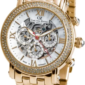 Goldfarbene Damenuhr mit Metallarmband, funkelnder Lünette und weißem Zifferblatt mit Skelettwerk