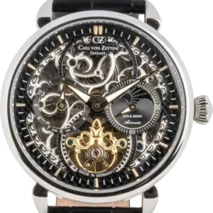 Herrenuhr: skelettiertes Zifferblatt, schwarzes Lederband und rundes Gehäuse