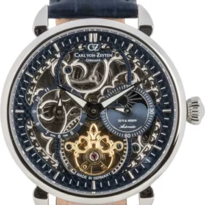 Skelettierte Herrenuhr mit blauem Lederarmband und offenem Uhrwerk im Rundgehäuse