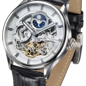 Herrenuhr mit skelettiertem Zifferblatt, silbernem Gehäuse und schwarzem Lederarmband.