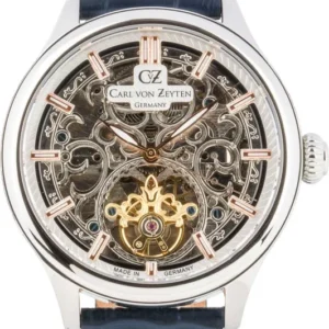 Herrenuhr mit skelettiertem Zifferblatt und blauem Lederarmband
