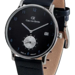 Herrenarmbanduhr mit schwarzem Zifferblatt und blauem Lederarmband, Datumsanzeige