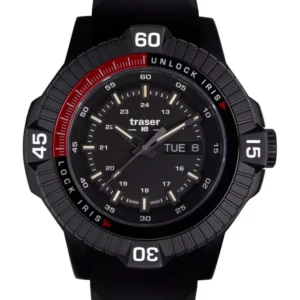 Traser P99 Herrenarmbanduhr mit schwarzem Kunststoffarmband, schwarzem Zifferblatt und roter Lünette