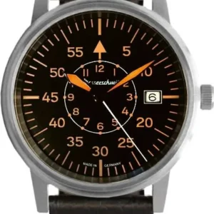 Unisex-Fliegeruhr: dunkles Zifferblatt, silbernes Gehäuse, schwarzes Lederband mit orange Nähten