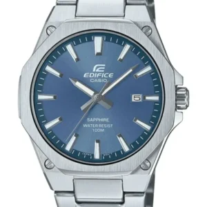 Herrenarmbanduhr mit blauem Zifferblatt, Datumsanzeige bei 5, Edelstahlband