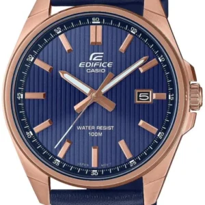 Herrenarmbanduhr mit blauem Zifferblatt, roségoldenem Gehäuse und blauem Lederband mit Datumsanzeige