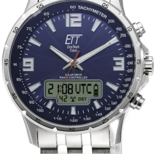 Herrenarmbanduhr, silbernes Edelstahlband, blaues Zifferblatt mit Digitaldisplay