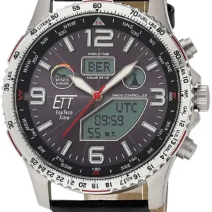 Herrenarmbanduhr mit schwarzem Zifferblatt, roten Akzenten und Lederarmband mit roten Nähten