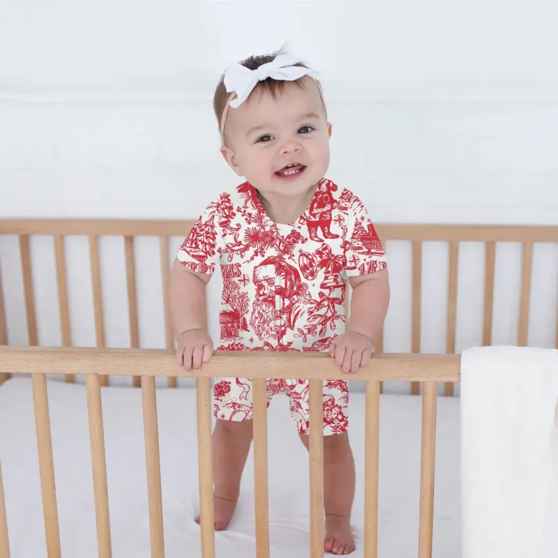 Family Christmas Chinoiserie Pajama Shorty Zippy , Family Christmas Chinoiserie Pajama Shorty Zippy - 0-3M / Red